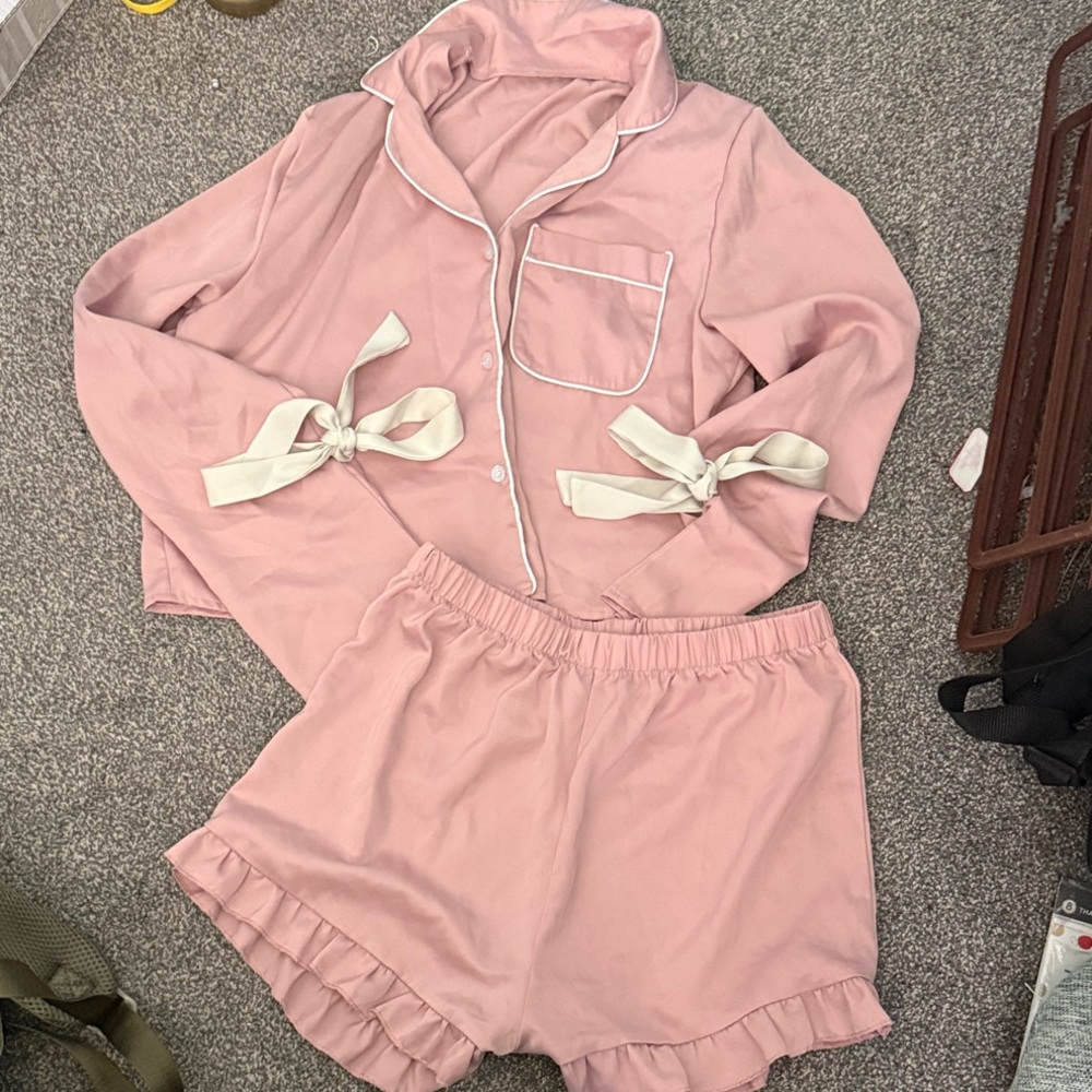 Women's Pink Ruffle Trim Pajama Set with Cream Piping